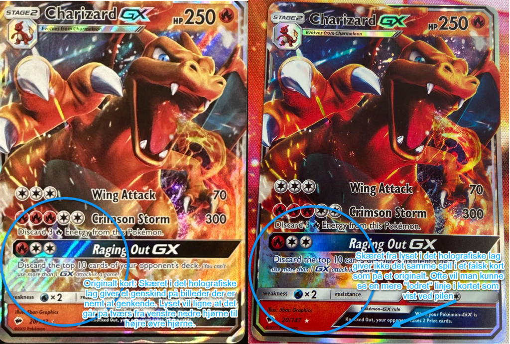 Ægte Pokemon kort til venstre, falsk Pokemon kort til højre. Bemærk lyset er "levende" i den blå cirkel på det ægte kort.