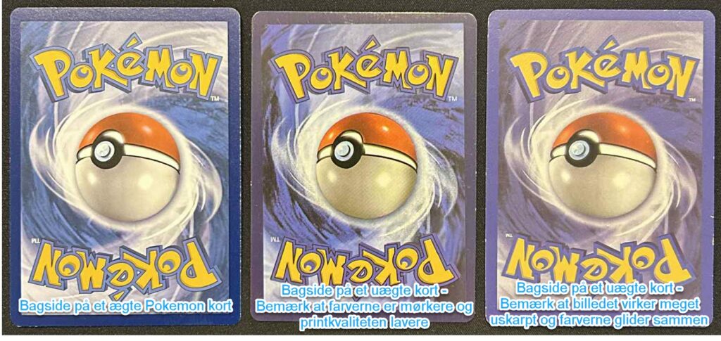 Ægte bagside på et Pokémon kort til venstre. De to kort til højre er falske.